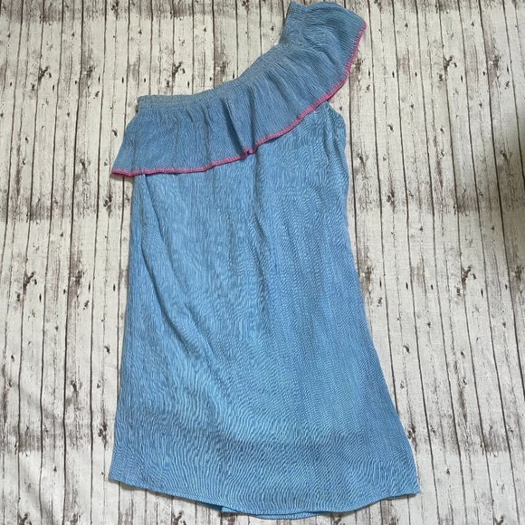 Lilly Pulitzer Emmeline One Shoulder Dress Blue Ruffle Overlay Neckline Size S - Picture 1 of 6